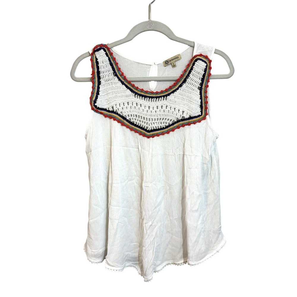 Democracy Womens Small White Crochet Yoke Gauze Tank Top Boho Scoop Neck